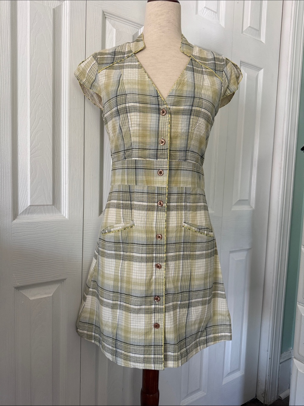 Free People Plaid Button-Front Mini Dress in Olive and Cream Sz 4